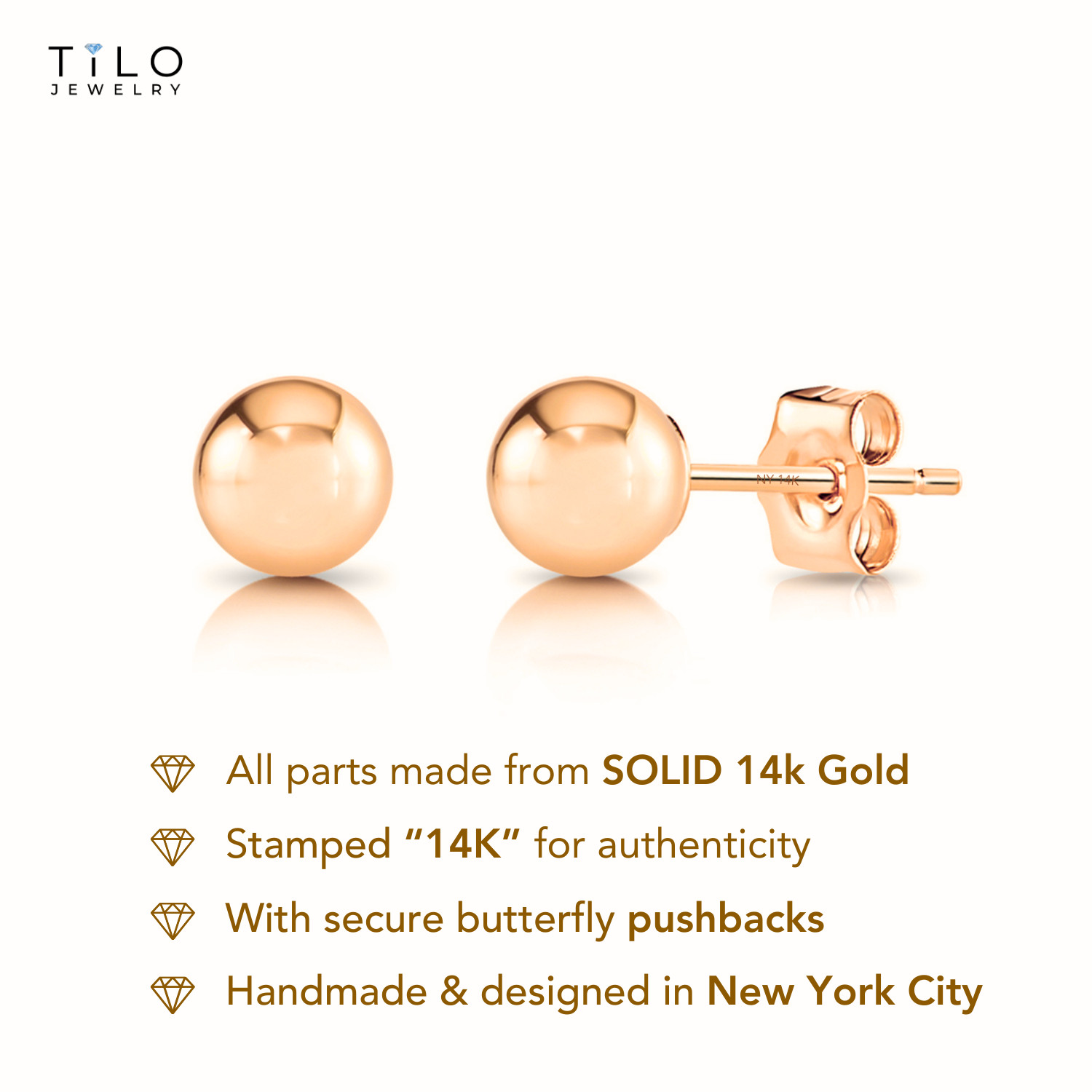 14K Real Solid Rose Gold Round Ball Bead Sleeper Stud Earrings Pushback 3mm-8mm