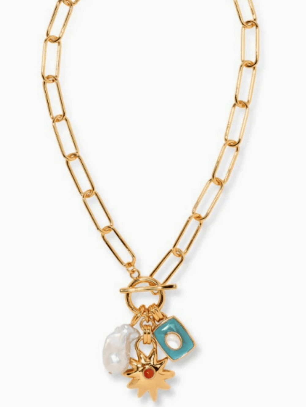 Gold Link Toggle Necklace with Red Enamel Charm, Pearl & Turquoise Accent