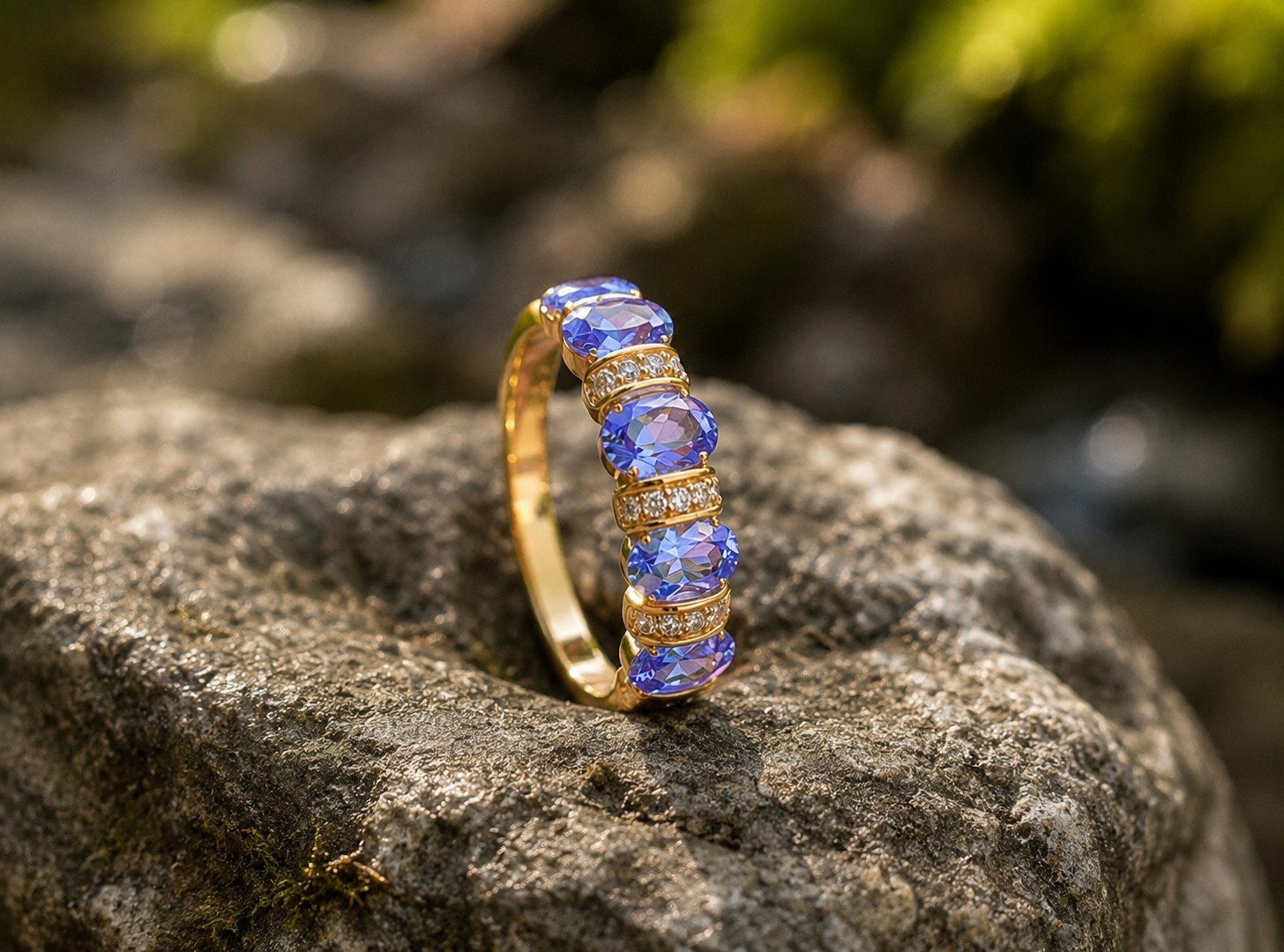 2Ct Oval Cut Lab Created Blue Tanzanite Wedding Band Ring 14K Yellow Gold Plated