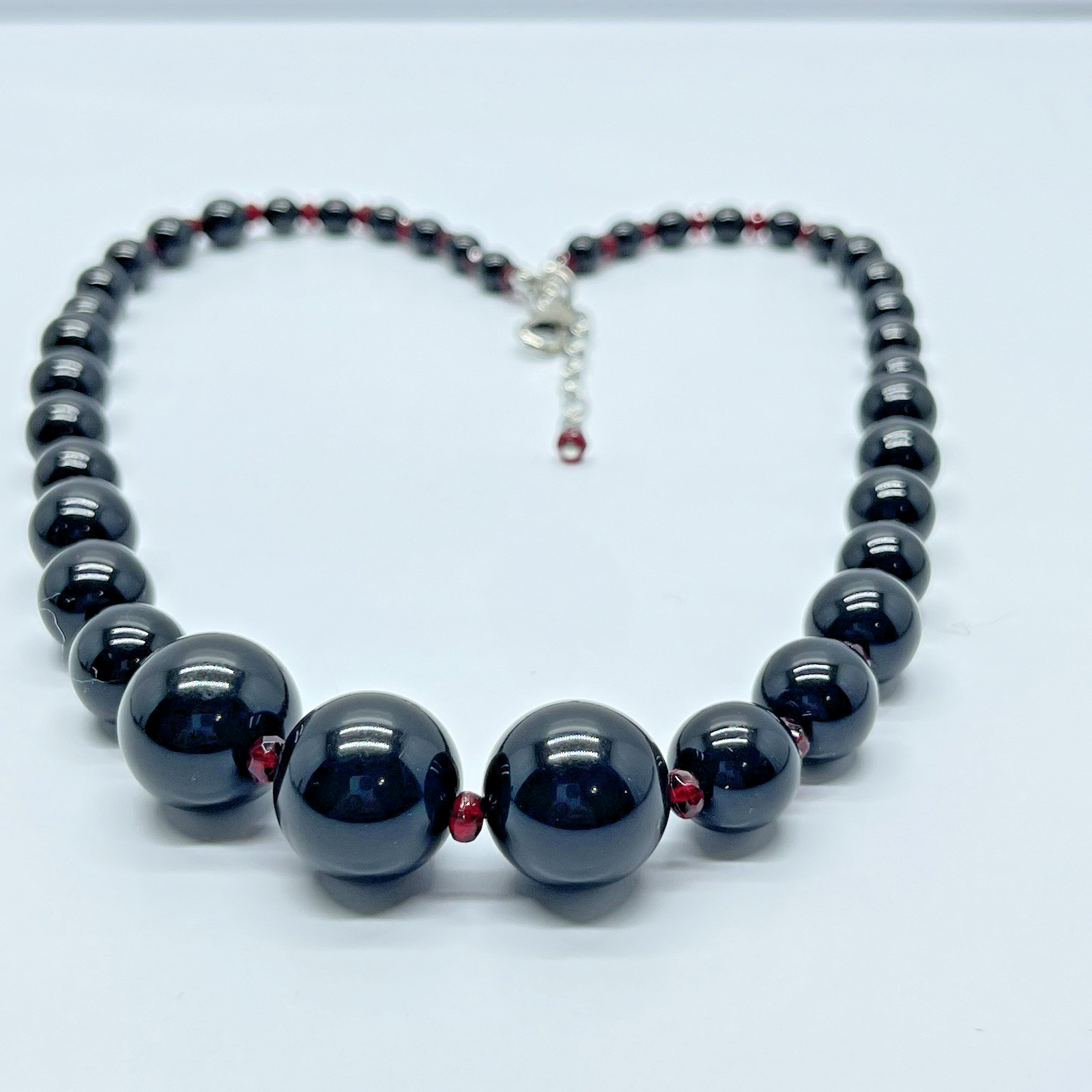 Gothic Black Beaded Necklace Graduated Bead Ruby Red Crystal Spacer Silver Tone