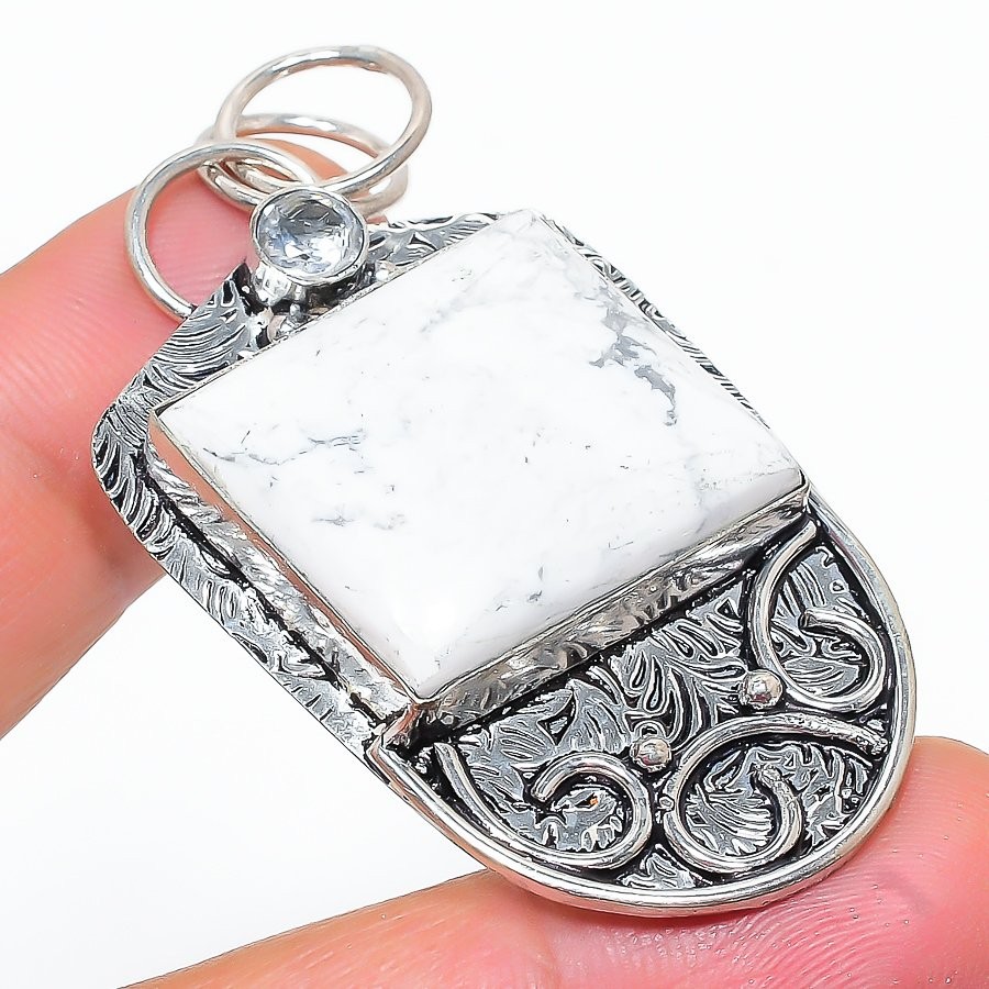 Howlite Jasper, White Topaz 925 Sterling Silver Jewelry Pendant 2.25″ I611