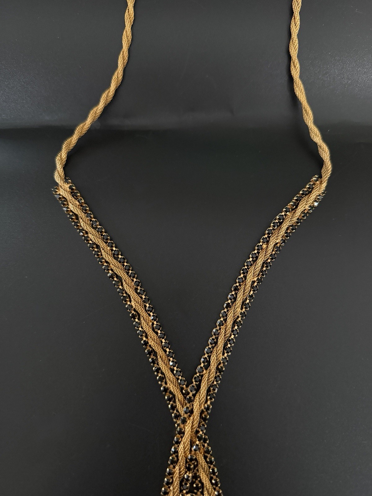 Vtg 50’s 60’s Fixed Lariat Waterfall Necklace Gold Mesh Black Rhinestone Tassel!
