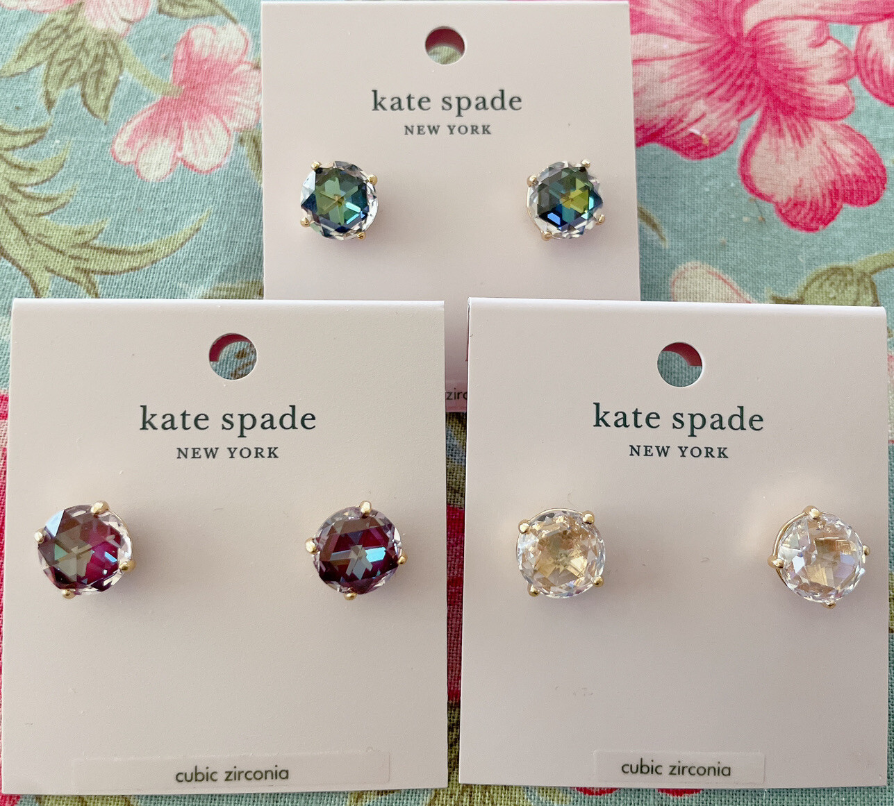 Kate Spade “Bright Ideas” CZ Stud Earrings, Jet(Blue-Green), Berry, Clear Gold