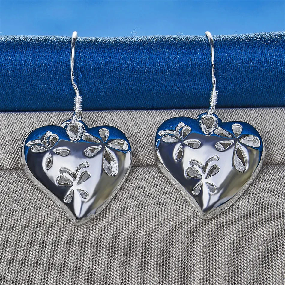 Sterling Silver Filigree Heart Dangle Hook Earrings Hand Polished Women Gift