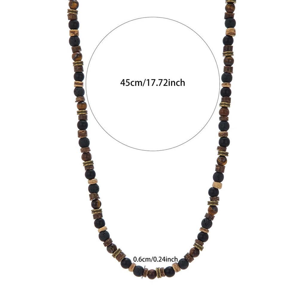 Mens Boho Necklace Tiger Eye Lava Stone Wood Beads Surfer Handmade Choker
