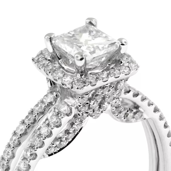 18K Gold Side Stone Engagement Ring Halo 1.50 CT Princess Natural Diamond G VS2
