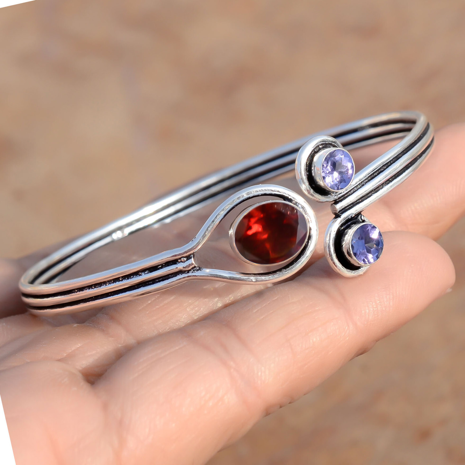 Faceted Garnet & Amethyst Cut Gemstone 925 Sterling Silver Cute Gift Girl Bangle