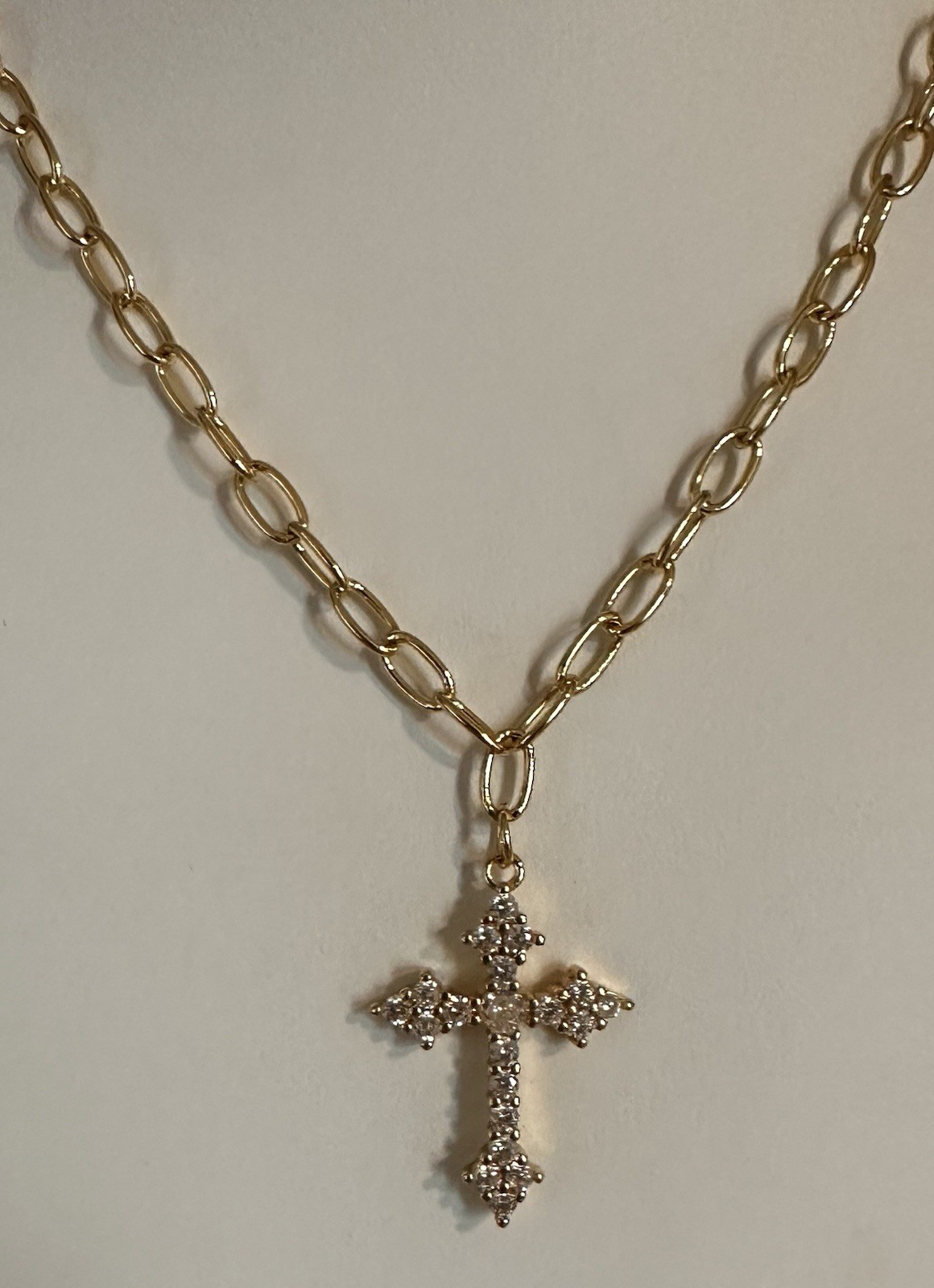 Gold Tone Oval Link Chain Necklace Crystal Cross Charm Pendant Adjustable
