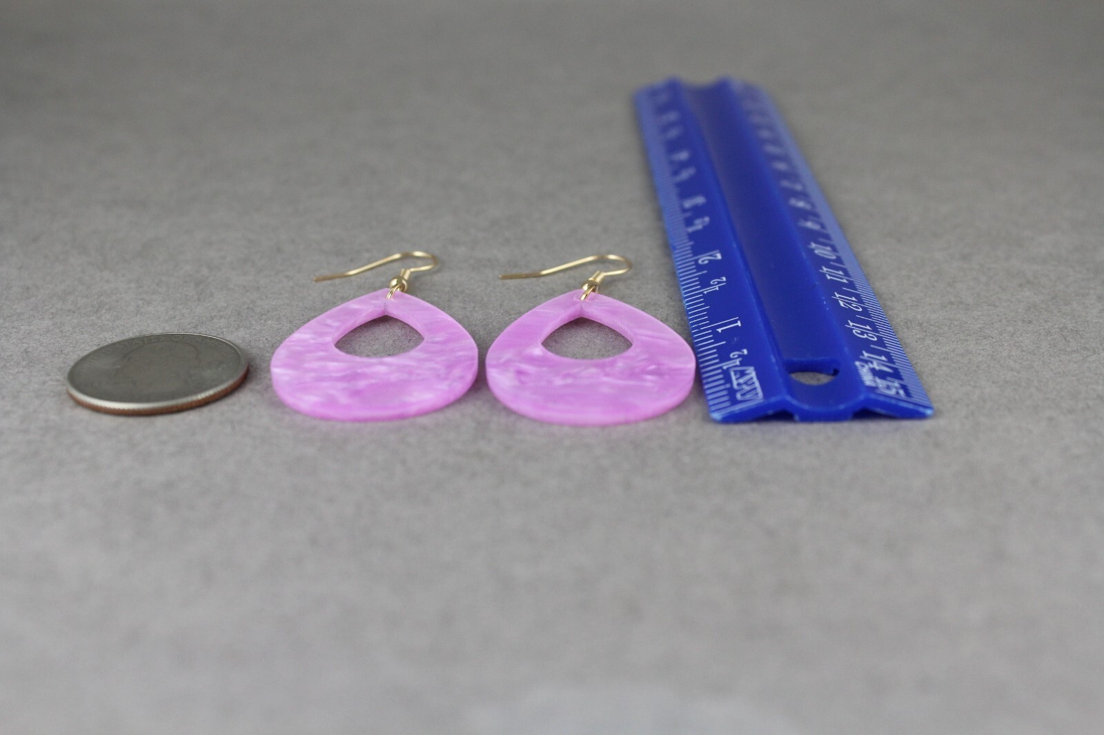 Purple teardrop earrings lightweight dangle cut out oval outline 2.25″ long