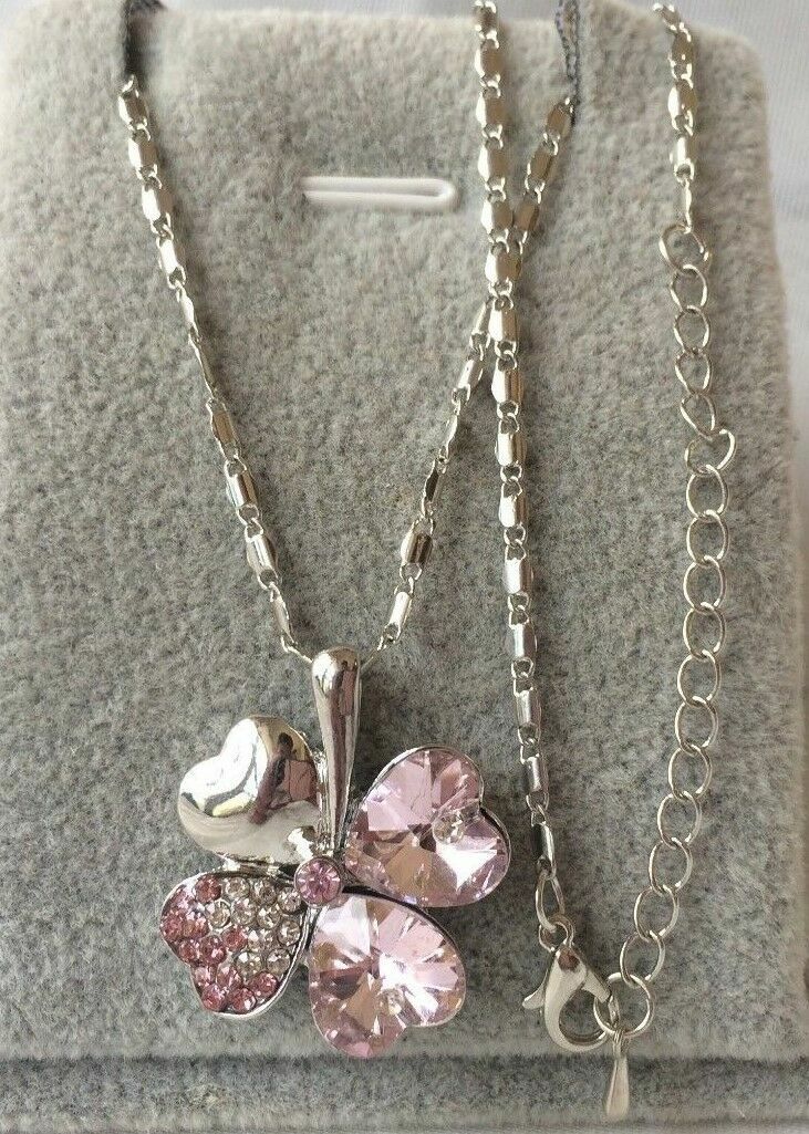 Silver Plated Pink Crystal Heart Clover Necklace