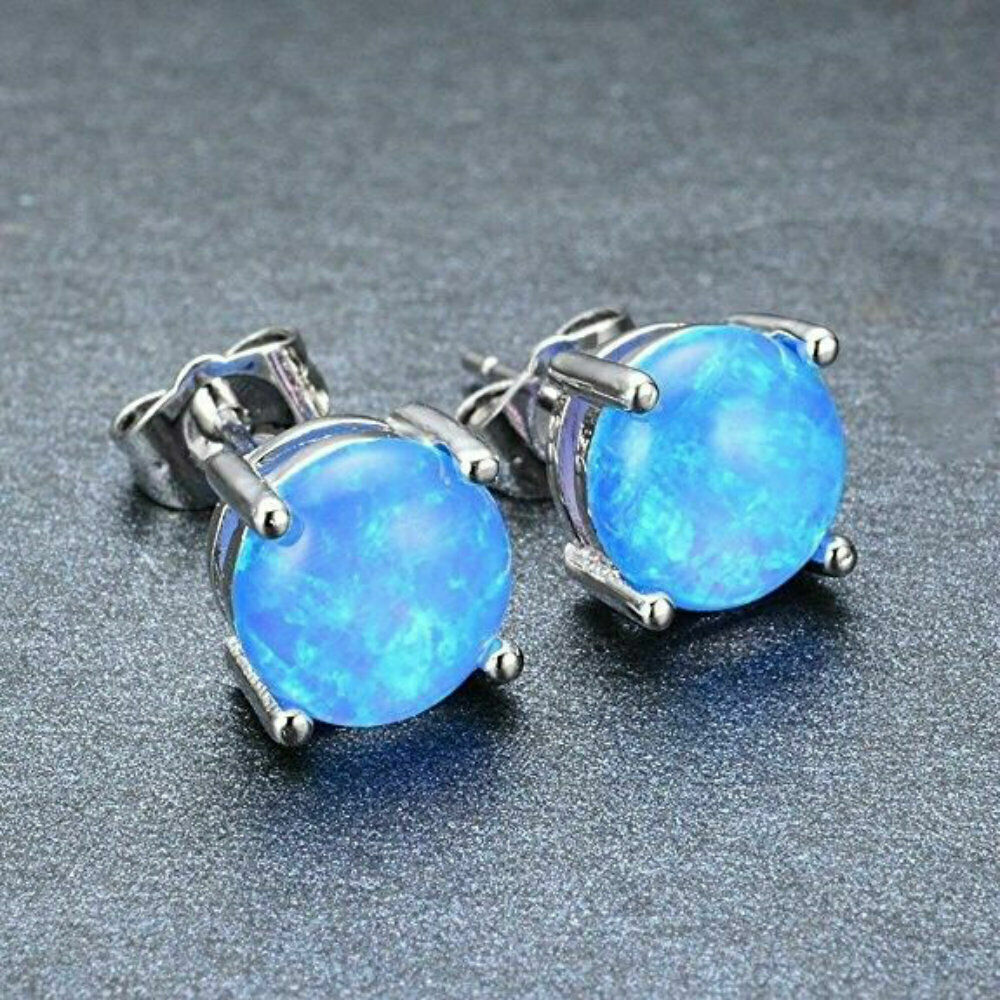 925 Sterling Silver 6mm Round Blue Fire Opal Stud Earrings For Women