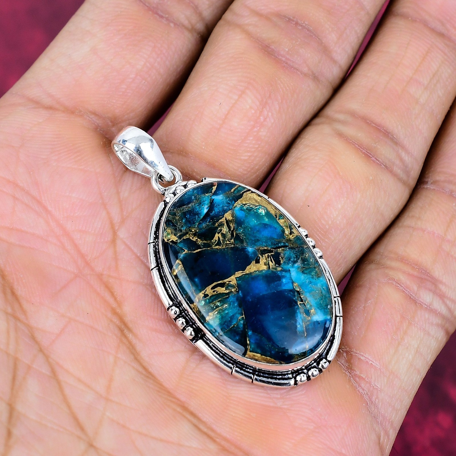 Irani Copper Turquoise Gemstone Handmade 925 Sterling Silver Pendant Jewelry