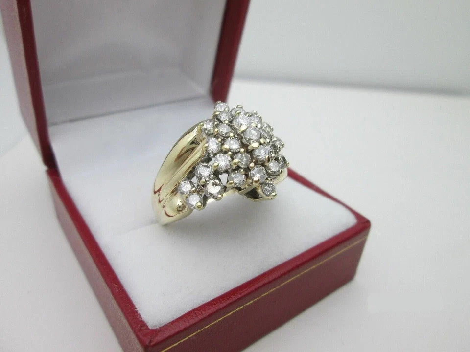 HUGE 1.50 CT LAB CREATED DIAMOND CLUSTER 10K YELLOW GOLD PLATED COCKTAIL RING