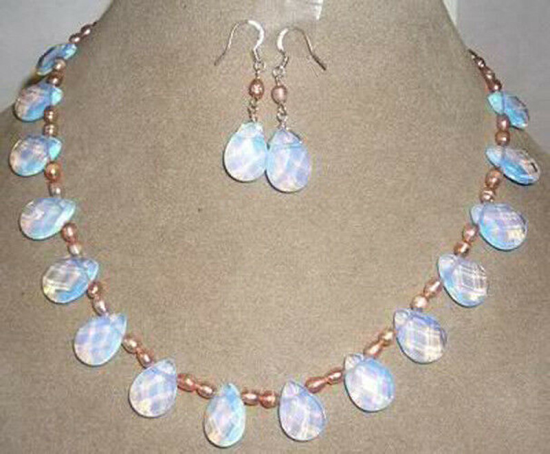 Genuine Pink pearl /Sri Lanka Moonstone drops pendant necklace + Earrings set