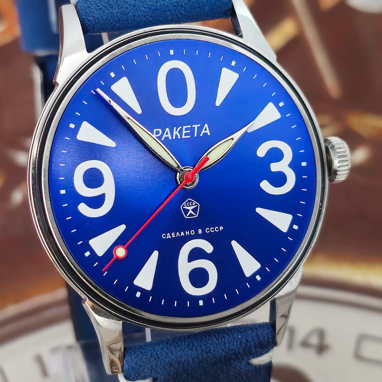 Vintage Watch USSR RAKETA Big Zero Blue Dial Wristwatch Mechanism 2609.HA 19J