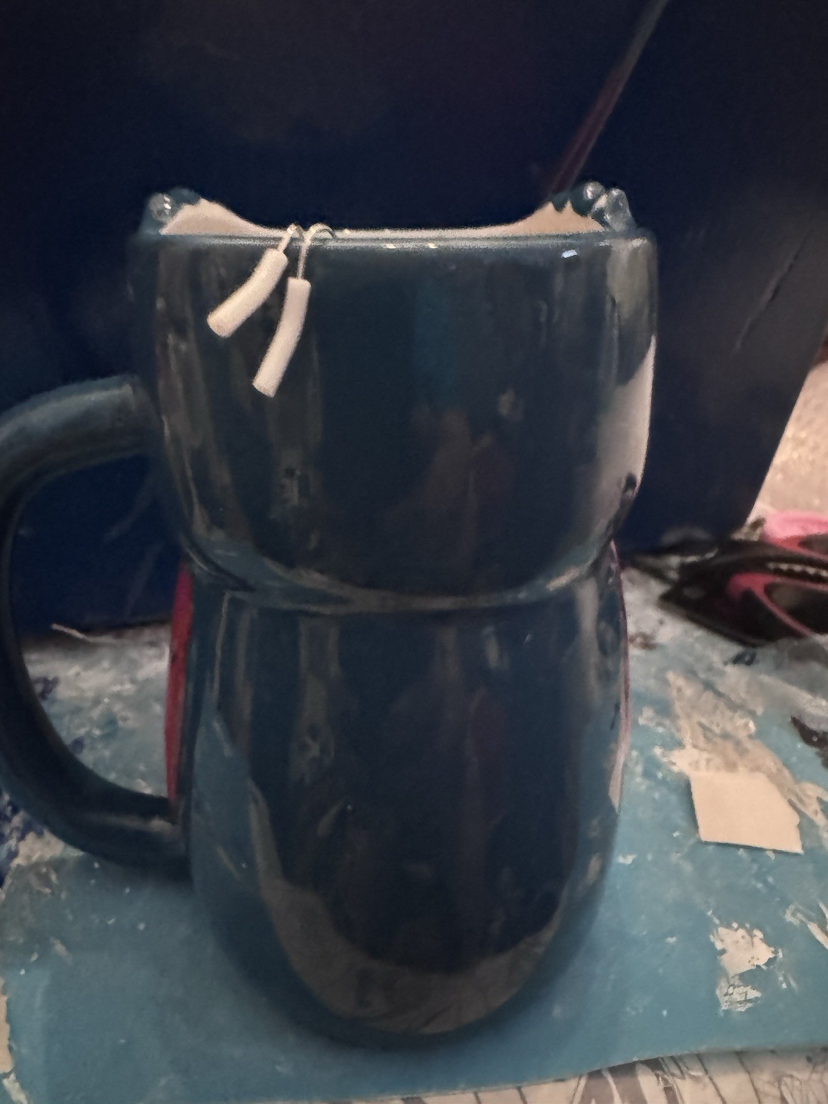 Blue Red White Ceramic Figural Owl Coffee Mug 16 fl oz Decorated 6 in