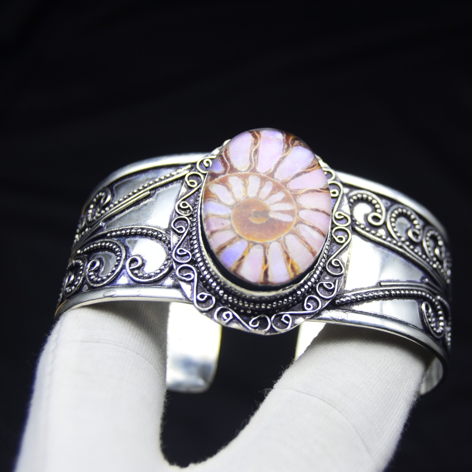 Ammonite Fossil Gemstone Cuff Bracelet 925 Sterling Silver Jewelry Size-ADJ