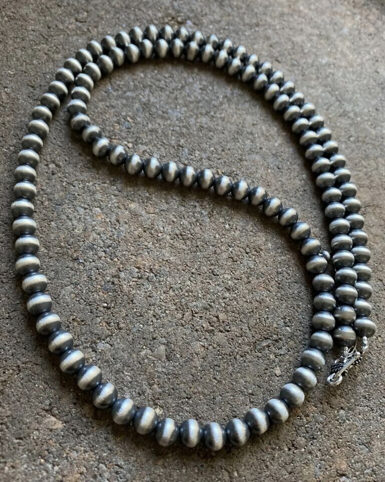 7mm 30 Inch 925 Sterling Silver Oxidized Pearls Bead Necklace Southwestern