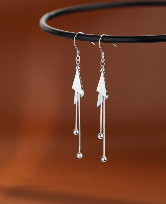 Women 925 Silver Tassel Ball Triangle Geometric Dangle Drop Hook Earrings J1