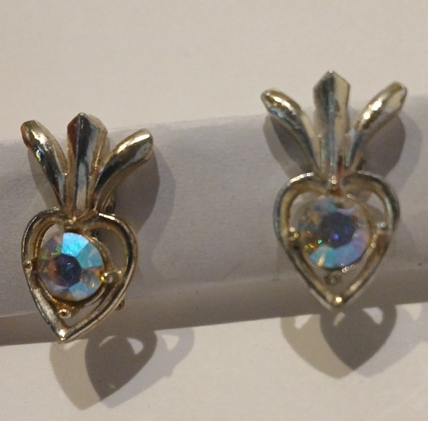 Gold Tone Heart Shape Earrings, Screw Back, Metal, Multicolor Crystal, Vintage