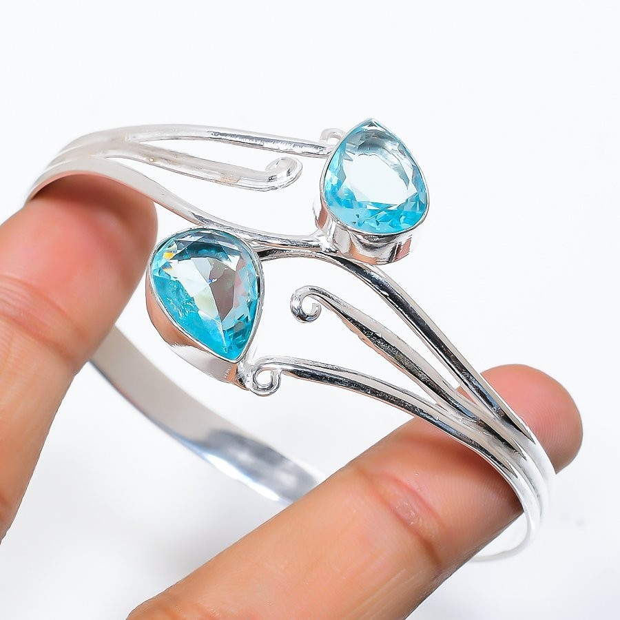 Aqua Aquamarine Gemstone 925 Sterling Silver Jewelry Adjustable Cuff Bracelet
