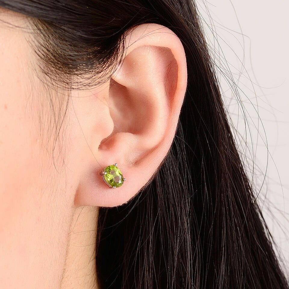 925 Solid Sterling Silver Peridot 5X7 Oval Cut Stud Earrings For Women Jewelry
