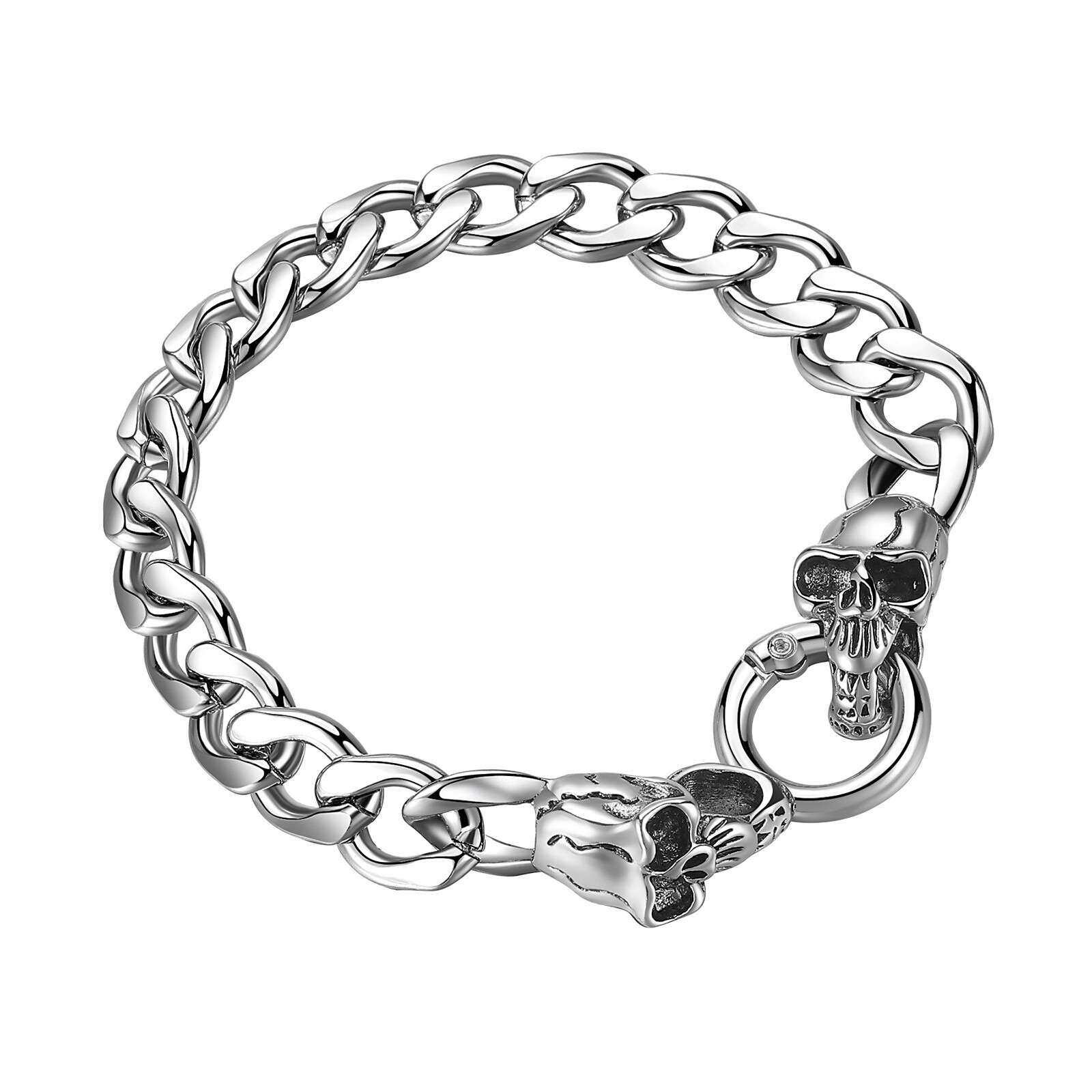 Mens Boys Biker Rock 12mm Skull Miami Cuban Link Chain Stainless Steel Bracelet