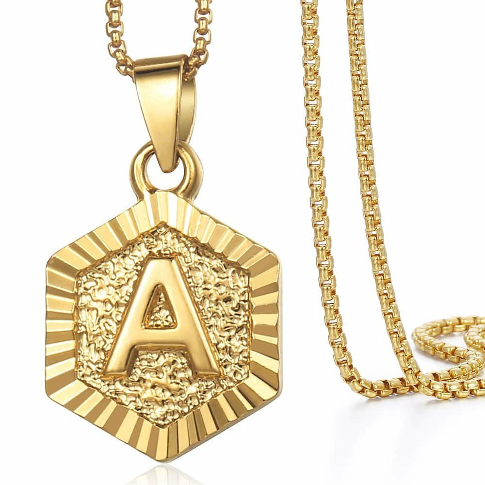 Hexagon A-Z Gold Plated 14k Initial Letter Pendant Necklace Unisex Mens Womens