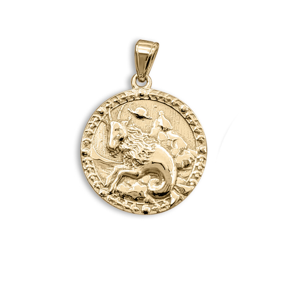 Real 10K Yellow Gold Capricorn Pendant, Zodiac Sign Coin Pendant Astrology