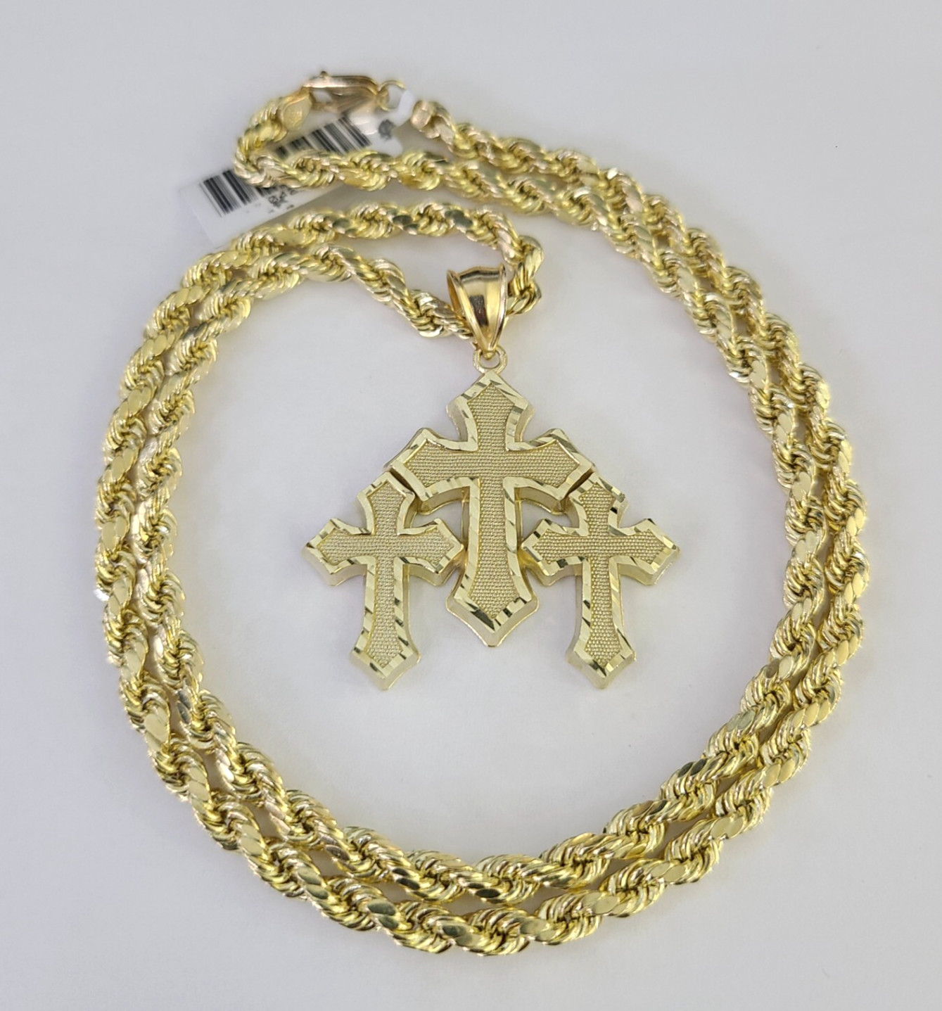 REAL 10k Jesus Triple Cross Charm Rope Chain Pendant 4mm Necklace Set 18″-28″