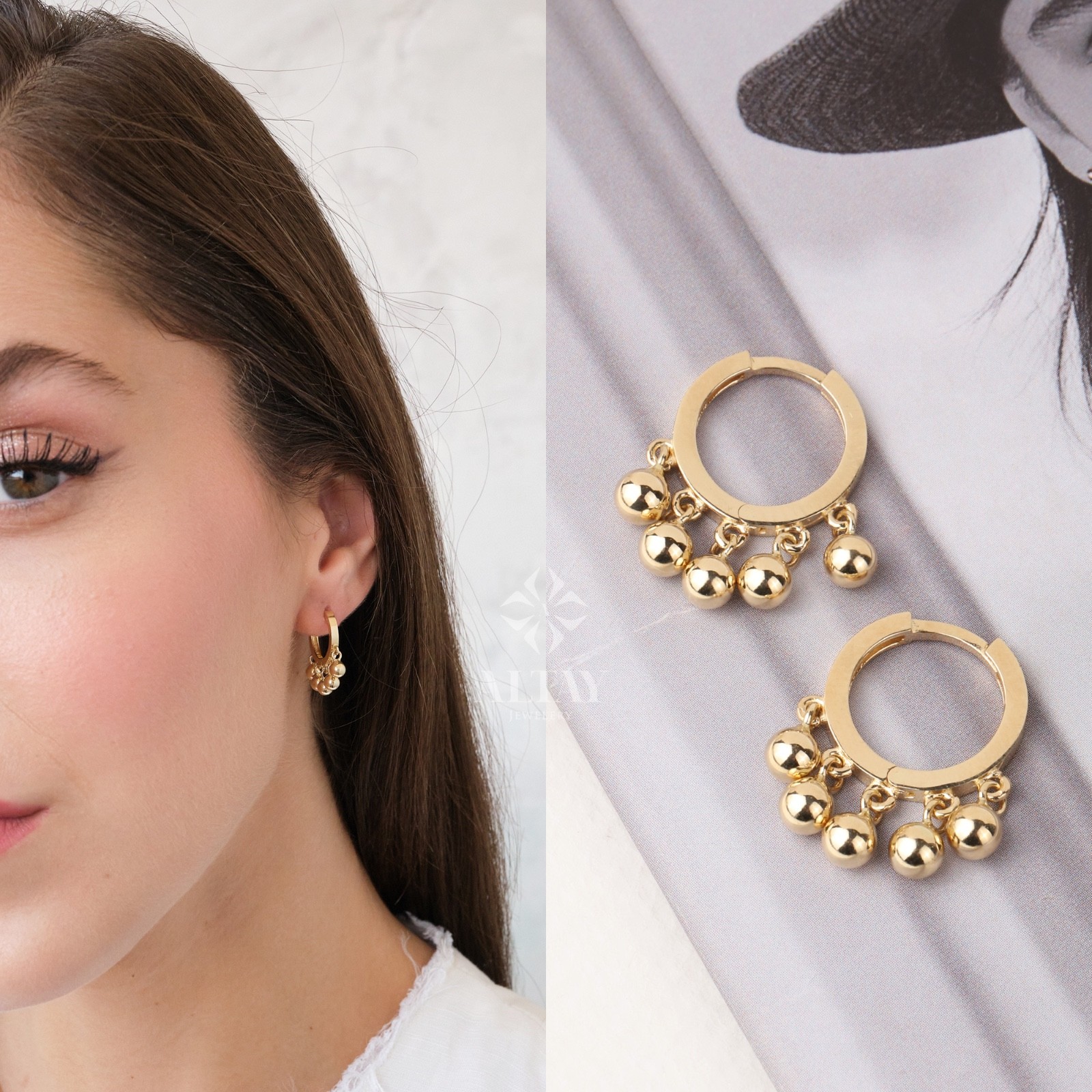14K Gold Dangling Drop Earrings, Hoop Earrings, Cartilage Upper Earlobe, Small