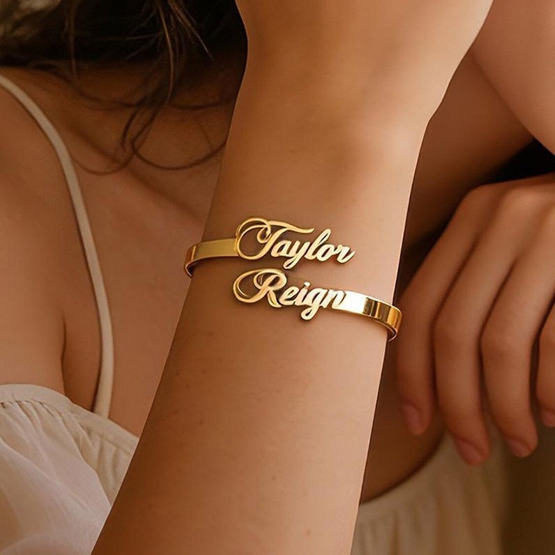 Customized Double Name Engraved Stainless Steel Bracelet Cuff Anniversary Gift