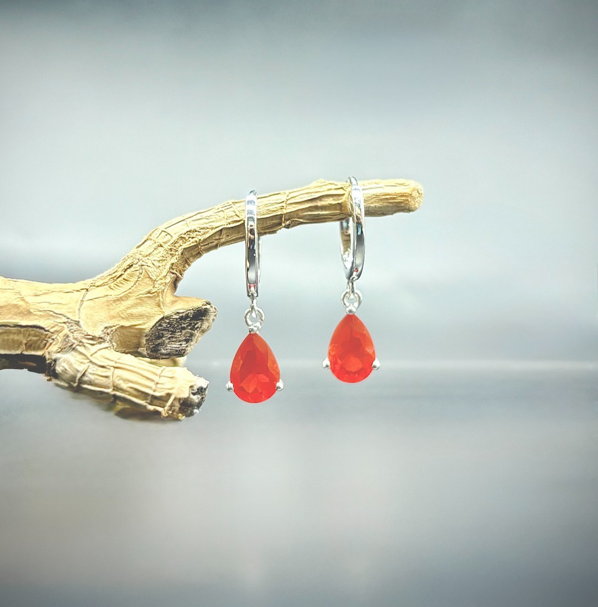 Mexican Fire Opal Dangle Earrings in Sterling Silver | Pear Cut 9x6mm, 1.41 CTS