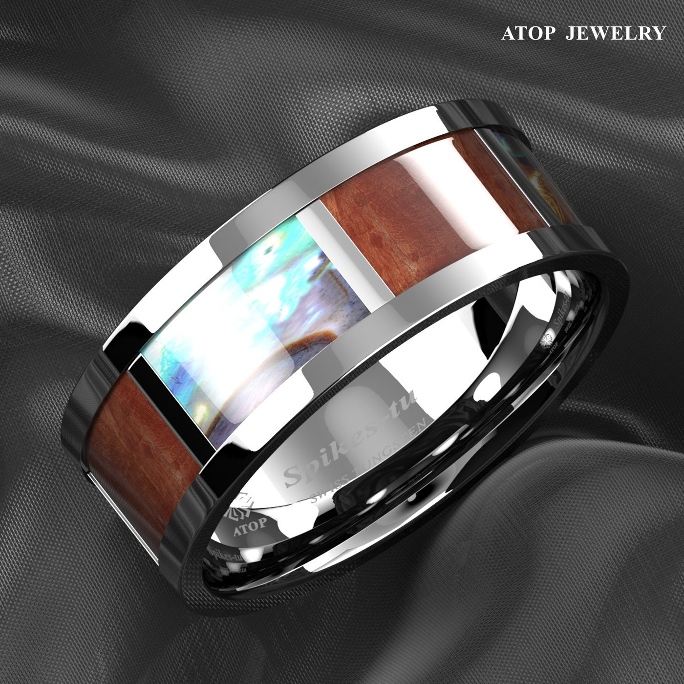 ATOP Men Silver Tungsten Wedding Ring Real Wood Abalone Shell for Beach Memories