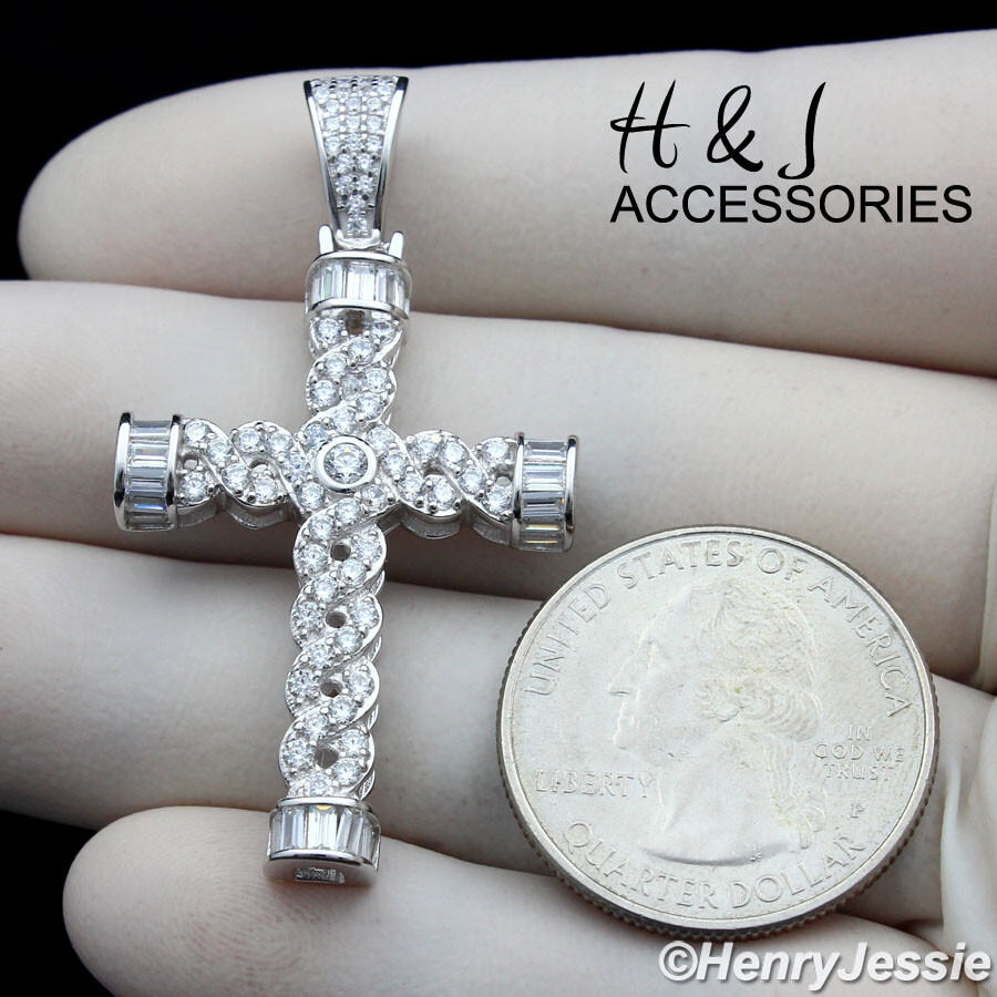 MEN SOLID 925 STERLING SILVER ICY BLING BAGUETTE CZ CROSS CHARM PENDANT*ASP241