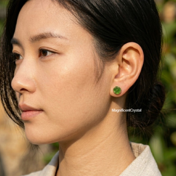 Carved Green Jade Rose Flower Stud Earrings Natural Healing Gemstone Earring