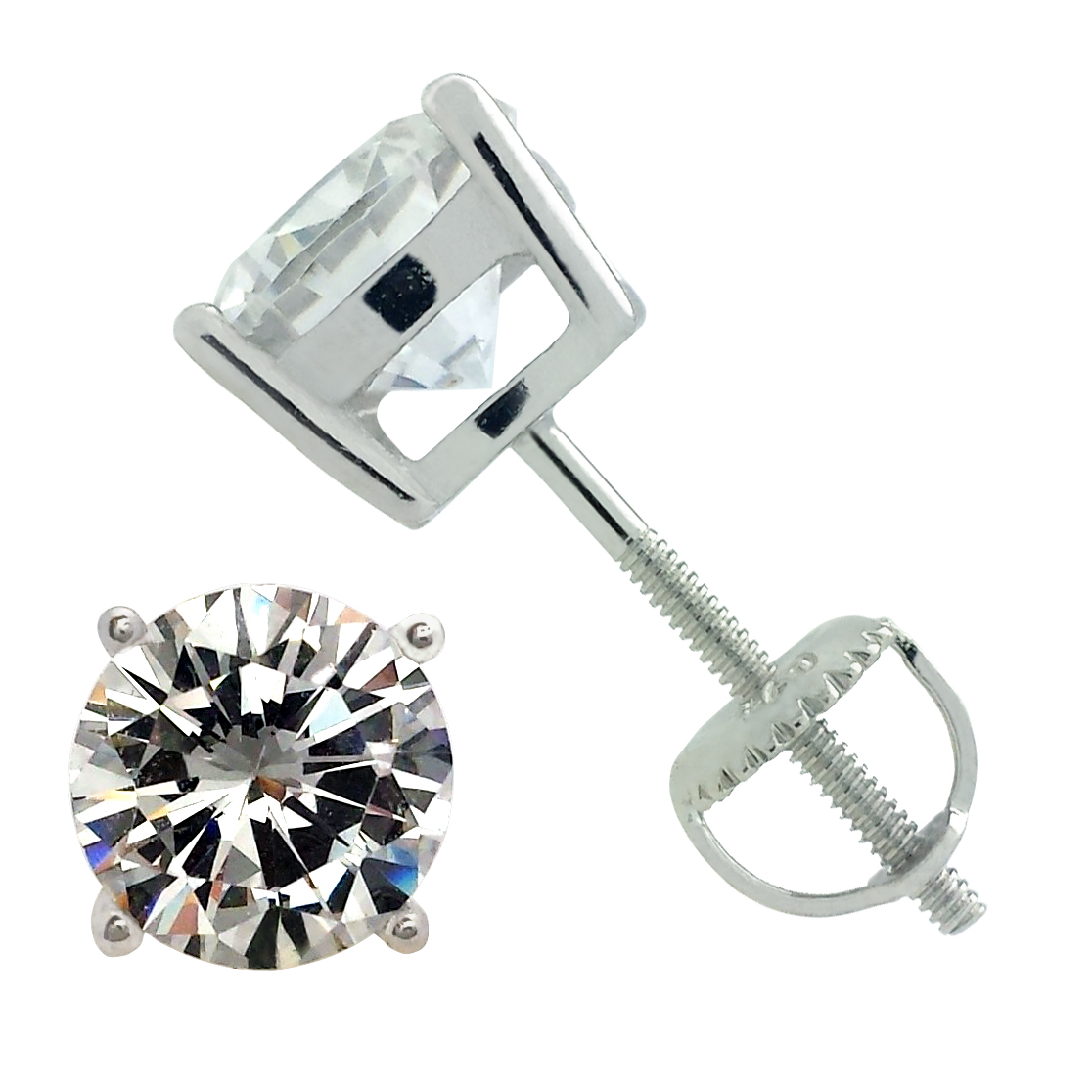 ROUND CUBIC ZIRCONIA SCREW BACK STUD EARRINGS 925 STERLING SILVER RHODIUM PLATED
