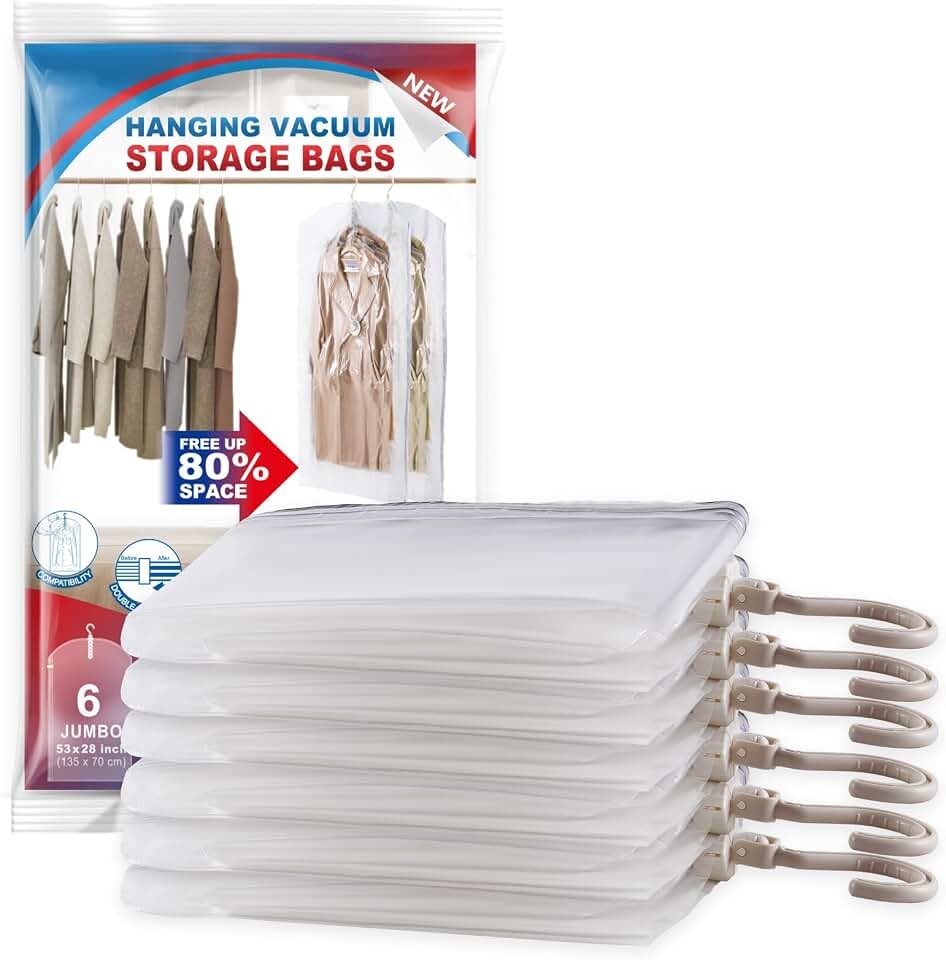 Hanging Vacuum Storage Bags, Space Saver Vacuum Seal Bags for Cloth, 6 Long