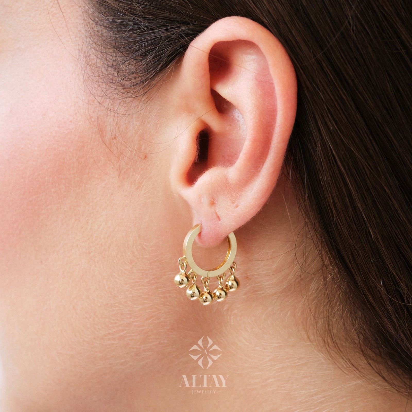 14K Gold Dangling Drop Earrings, Hoop Earrings, Cartilage Upper Earlobe, Small