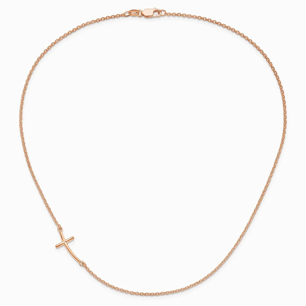 Sterling Silver Rose Gold-Plated Large Off-Set Sideways Curved Cross Necklace