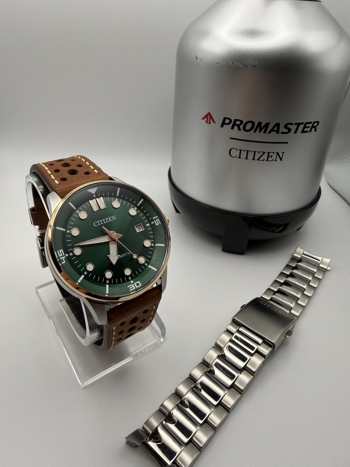Citizen Automatic Green Dial Rose Gold Diver Style Mens Watch NJ0173-18X