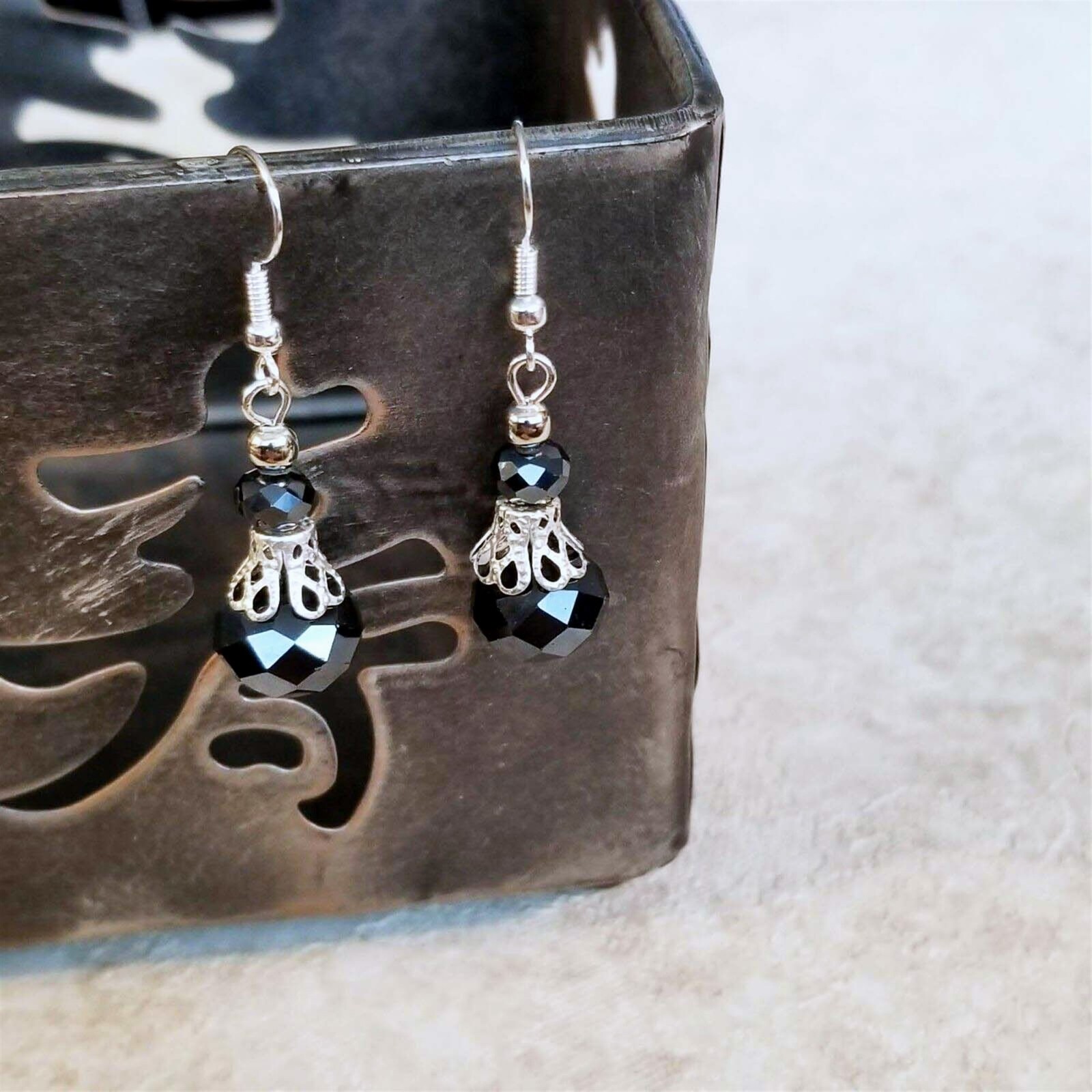 Victorian Black Crystal Silver Filigree Basket Handcrafted Earrings