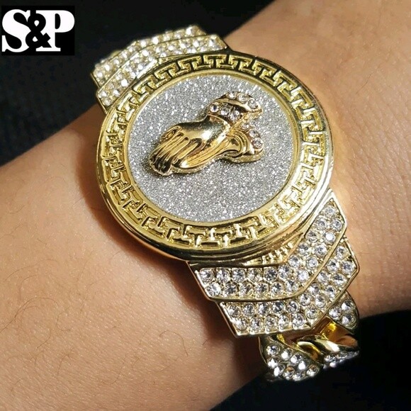 Hip Hop 14K Gold Plated 8.5″ CZ Full Iced Praying Hands Cuban Fashion Bracelet