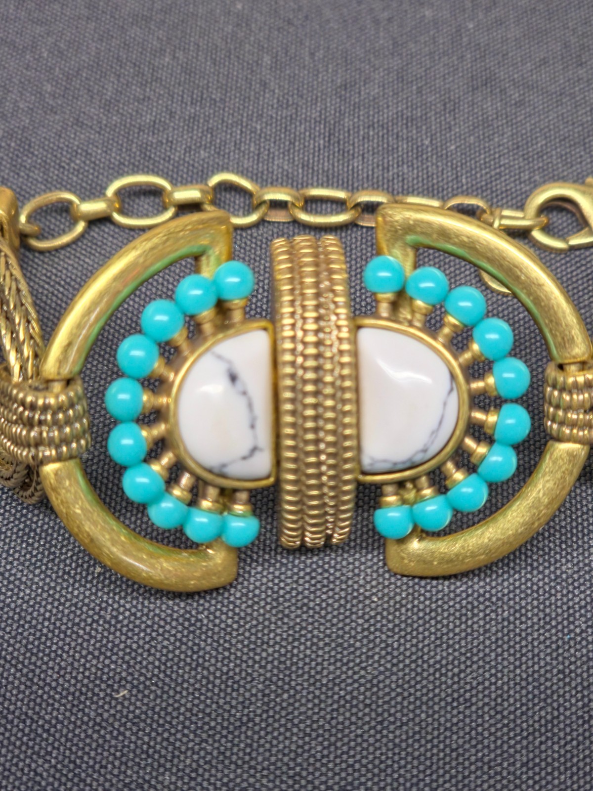 Stella Dot Boho Bracelet Antique Bronze Mesh Turquoise White Stone Adj 5.75-8″