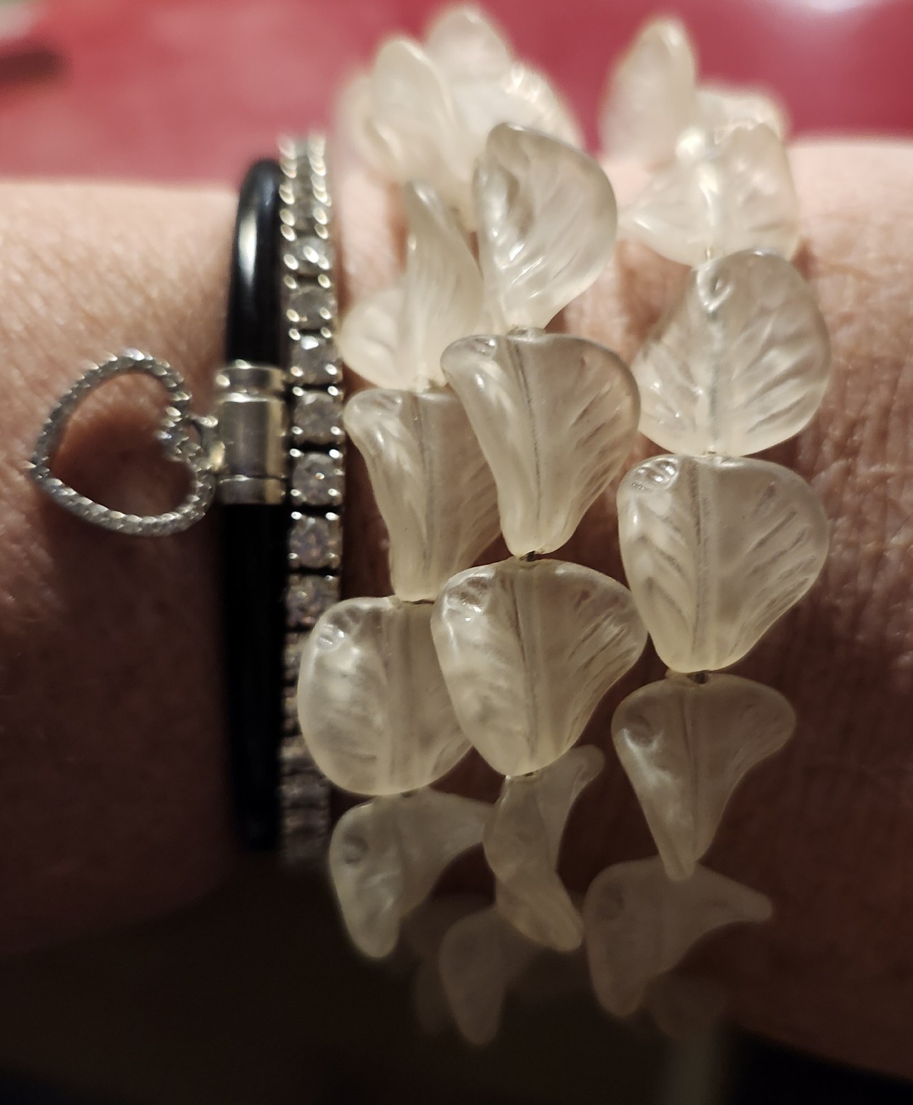 Antique Acrylic Lucite Wrap Leaf Leaves Flower Floral Bracelet Clear White