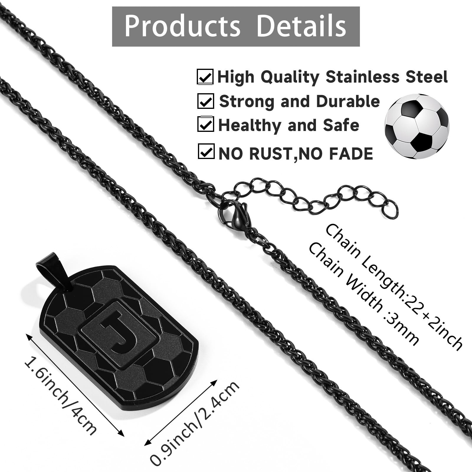 Soccer Initial Necklace for Men Dog Tag Stainless Steel Sliver/Black/Gold Let…