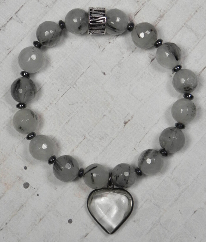 Rutilated Quartz Hematite Spacer Heart Charm Stretch Bracelet Handmade 7.5″ New