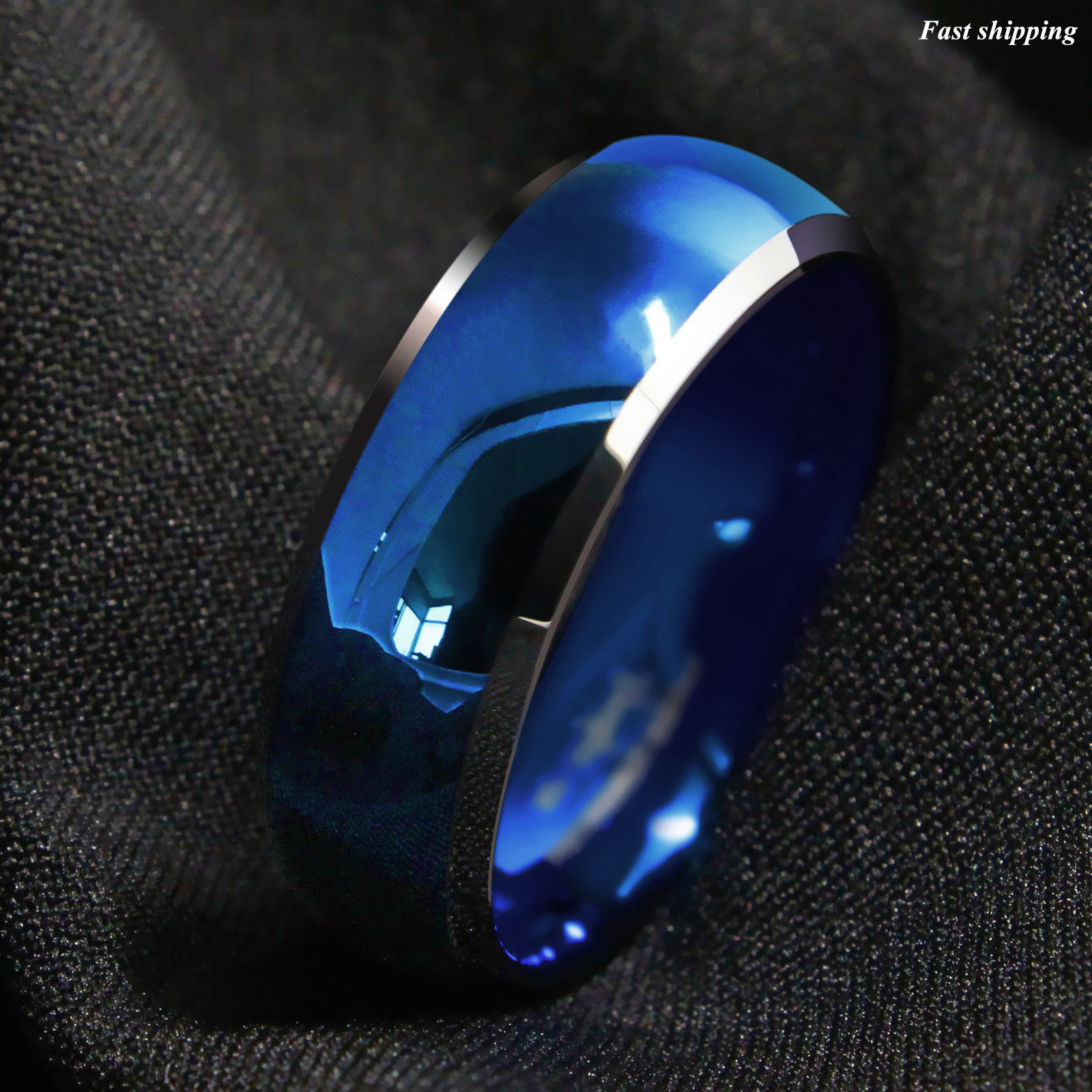 8mm Men’s Tungsten Ring Blue Domed with Beveled Silver Edges Band ATOP Jewelry