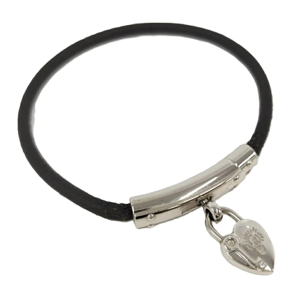 HERMES Viviride Bracelet Silver Leather Chain Heart Used 18cm