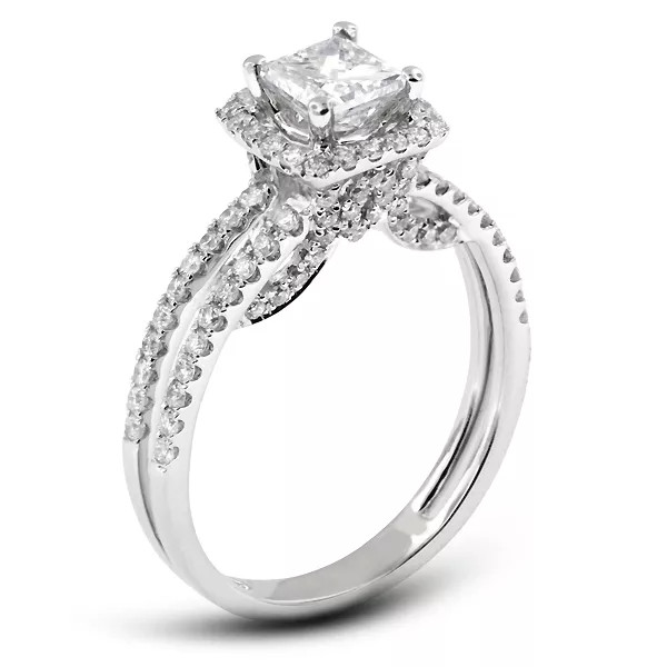 18K Gold Side Stone Engagement Ring Halo 1.50 CT Princess Natural Diamond G VS2